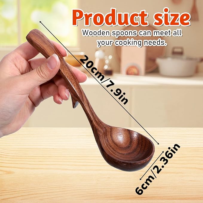 Gravy Ladle, Wooden Ladle for Soup Small 7.87 Inch Gravy Soup Spoon with Back Hooks Kitchen Woodn Scoop Deep Spoon for Spooning Gravies Sauces Porridge Sustainable Natural Texture