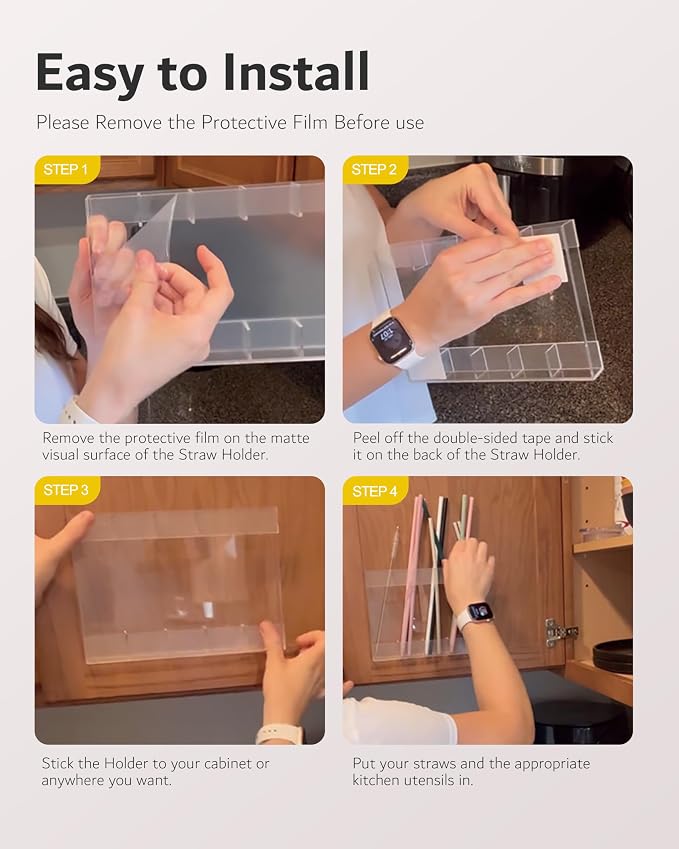 Acrylic Straw Holder & Organizer - Compact, Adhesive Tape Included for Easy Installation - Perfect for Countertops, Cabinets, or Kitchen Storage (White-5 Compartments)