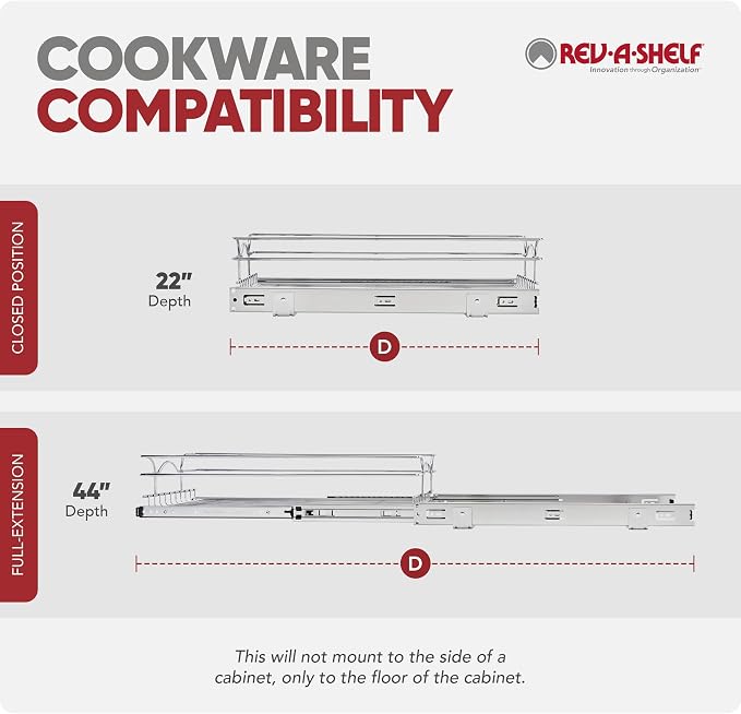 Rev-A-Shelf Steel Wire Pullout Drawer Organizer Shelf for Kitchen Cabinets, Slide Out Storage Basket, Min Opening Width of 14.5", 15" x 22", 5WB1-1522CR-1