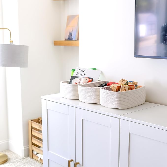NaturalCozy 11.8"x8"x4.5” Storage Baskets for Shelves 3 Pack | Cotton Rope Woven Small Baskets for Organizing | Small Storage Bins for Nursery, Bathroom, Closet, Cube Shelf, Decorative, Gift Basket