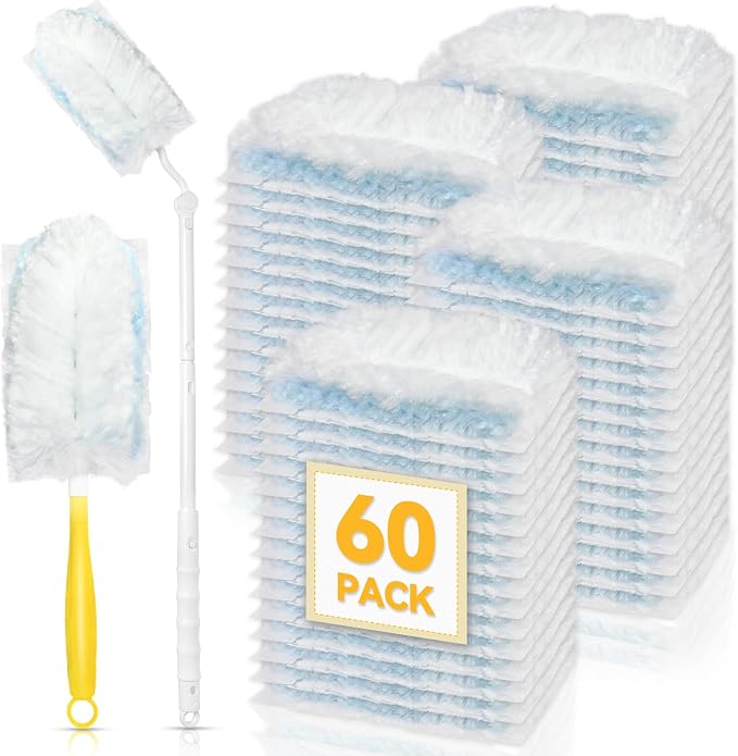 60 Pack Dusters Refills Compatible with Swiffer Duster Handle Models, 180° | One Sided Duster Refills for Short and Extendable Handles, Desktop Dust Cleaning Tool, 1 Extendable Handle + 1 Short Handle