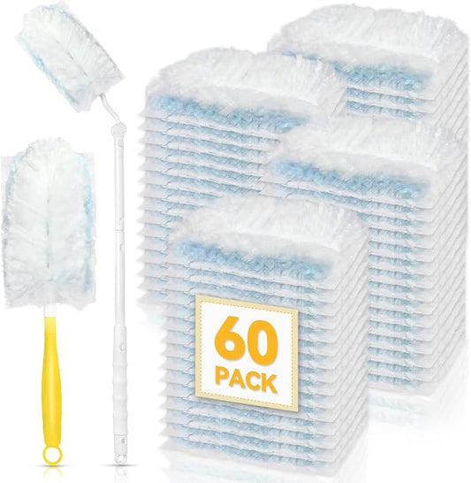 60 Pack Dusters Refills Compatible with Swiffer Duster Handle Models, 180° | One Sided Duster Refills for Short and Extendable Handles, Desktop Dust Cleaning Tool, 1 Extendable Handle + 1 Short Handle