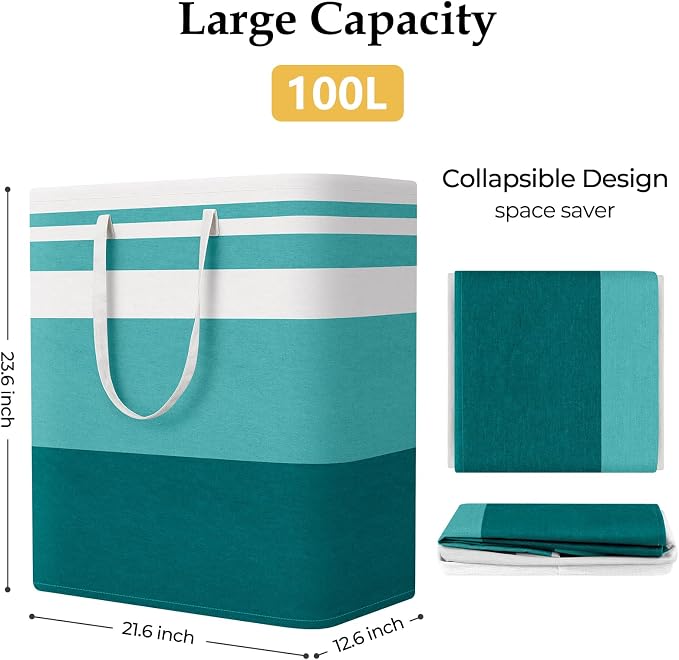 StorageRight Laundry Basket Hamper, 100L Collapsible Clothes Storage, Green | Freestanding Clothes Hampers, Foldable design, with Easy Carry Handles, For Laundry, Bedroom, Dorm, Clothing, Towels, Toys