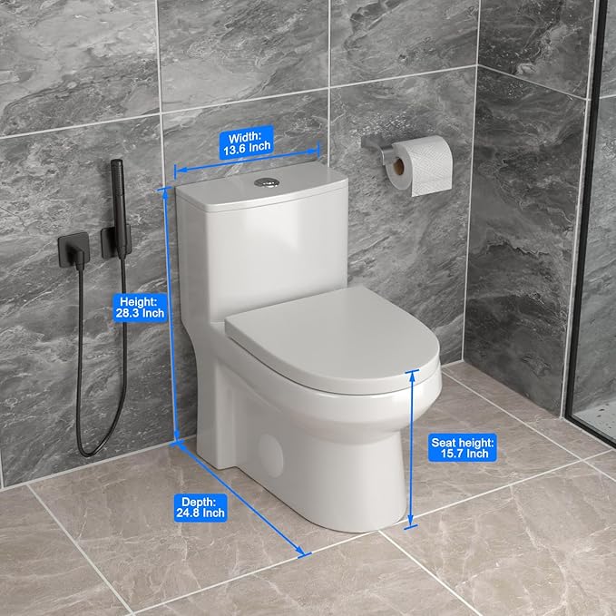One Piece Toilet 12'' Rough Inch- White Ceramic Compact Toilets with 15.9" Soft Close Chair Seat 1.1/1.6 GPF Water Saving Dual Flush Easy to Clean Toilet Bowl 13.6''x28.3''x24.8''