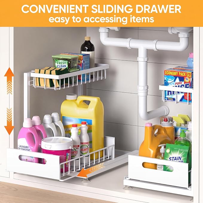 Saydear 2-Pack L-Shaped Under Sink Organizer, 2-Tier Pull-Out Cabinet Rack | White Height-Adjustable Steel Rack, Sliding Grid Drawers with PP Liners, Holds 100 Lbs, Suction Base, Ideal Kitchen Storage