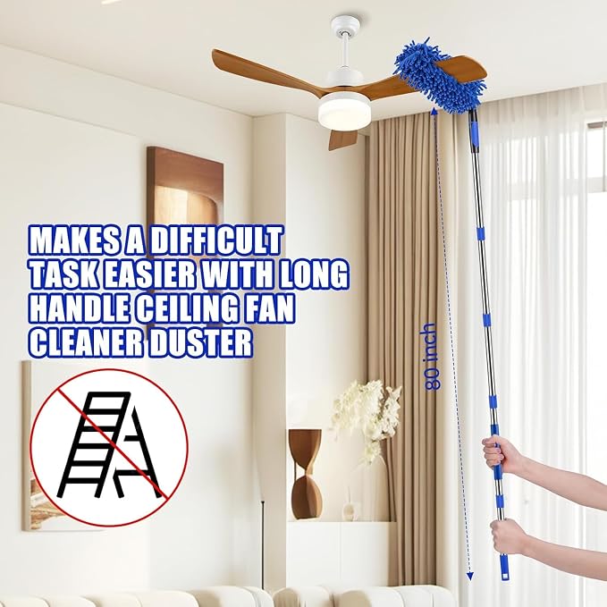 CALBEAU Ceiling Fan Cleaner Duster with 80" Extension Pole | 90° Folding Head; Adjustable 35"-80" Pole; Bendable Washable Chenille, for Ceiling Fan Blade Cleaner, Lamps, Vents