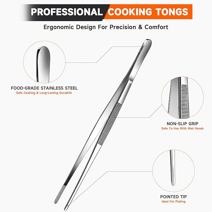 Kitchen Tweezers 1PC Cooking Tongs, Stainless Steel Food-Grade 12" Long Tweezers, Professional Heat Resistant Kitchen Utensils for Chef, Baking, Salad, Dishwasher Safe & Anti-Slip Grip Kitchen Tools