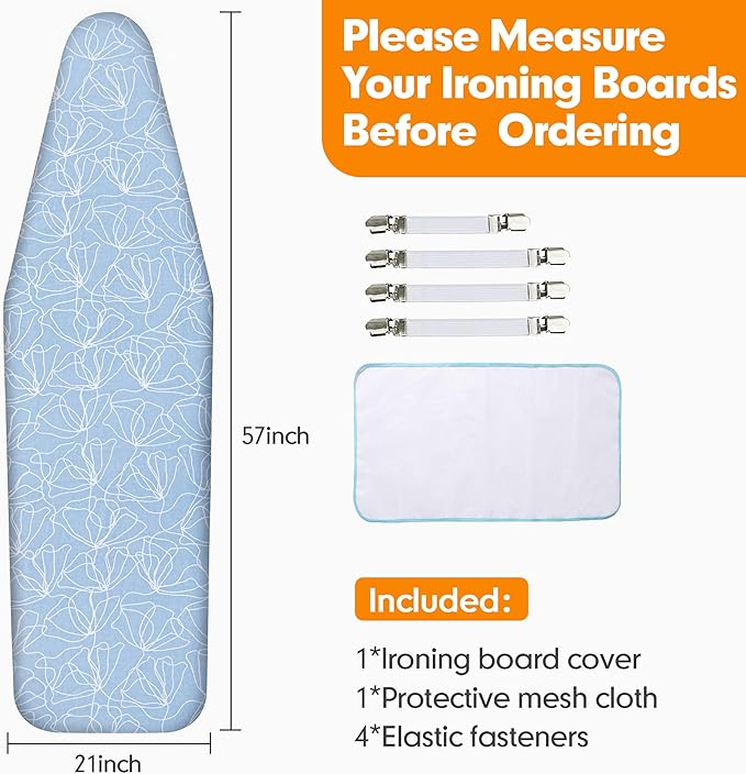 Ironing Board Cover and Pad, 21x57 Extra Large Thick Iron Padding, Scorch & Stain Resistant Ironing board cover, Heavy Duty Iron Board Padded with Adjustable Fasteners Durable Elastic Edge, Sky Blue