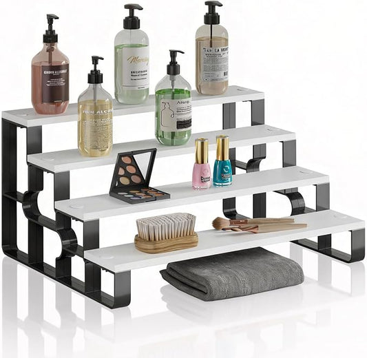 4 Tier Cologne and Perfume Organize for Women,Display Riser Stand for Bedroom Vanity,Wooden Bathroom Countertop Organizer,Bathroom Storage Shelf(White,Width=11.2")