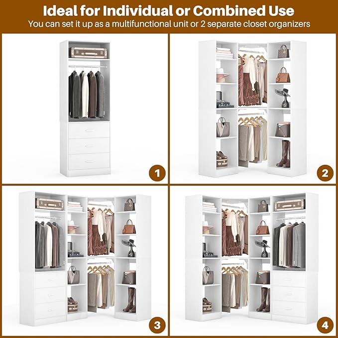 Besiost Corner Closet System with 3 Drawers, Corner Closet Organizer System with 13 Shelves & 3 Hanging Rods, 63.2"L * 39.2"W Reversible L Shaped Walk-in Closets, Load 2000+LBS, White