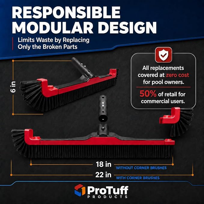ProTuff 22" Pool Brush Head – 12 Pack – Lifetime 490 'Promise – Sturdy Bristles, Tough on Algae, Dirt & Grime – Cleans 3X Faster – Extra-Wide Pool Scrubber Brush with Pole Attachment Option