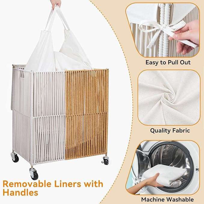WOWLIVE Rolling Laundry Basket Wheels, Handwoven Laundry Hamper with Lid | Double Clothes Hamper with Divided Removable Bag, 115L Large Laundry Sorter 2 Section, Laundry Room Organization