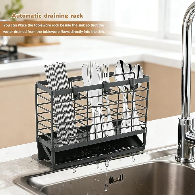 3-Compartment Dish Drying Rack for Kitchen, Carbon Steel Utensil Holder with Drain Tray, Utensil Caddy Organizer for Knives, Forks, Spoons, Chopsticks, Wall Mount or Countertop (Charcoal Grey)