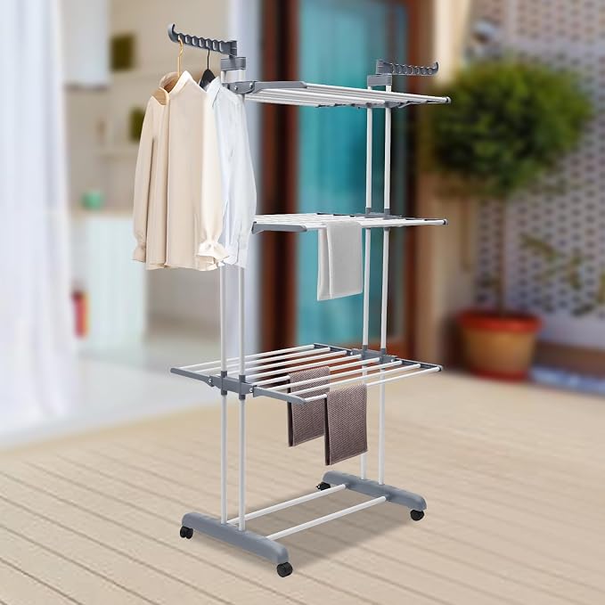 Clothes Drying Rack, 4 Tier Foldable Laundry Drying Rack, 67.72 inch Tall Movable Clothes Airer with Two Side Wings, Metal Clothes Rail for Bedrooms Lofts Balconies Patios Hallways Bathrooms