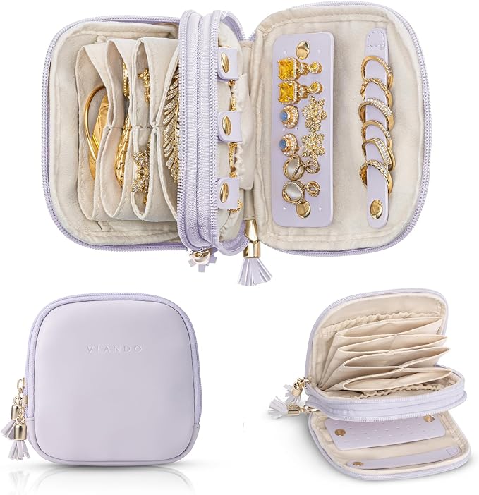 VLANDO 2-Layer Jewelry Organizer for Travel,Rings,Earrings,Necklaces | Compact Faux Leather Case with Layered Storage,Designed for Small Jewelry,Vanity Tables,Everyday Carry,Light Purple
