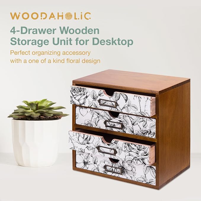 Vintage Desk Organizer with 4 Black & White Floral Drawers - Wooden Storage Shelf Drawer for Tabletop - Wood Desktop Organizing Box Cabinet - Black & White Monochrome Botanical Toile de Jouy