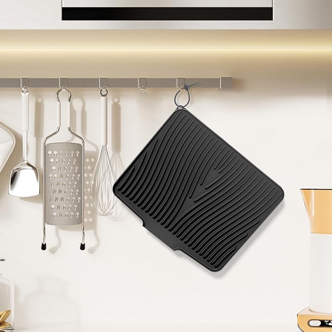 Silicone Dish Drying Mat for Kitchen counter, 19.7"x17" 2Pcs Extra Large Non-Slip Drain Pad with Built-in Drainage, Heat Resistant Dishwasher Safe, Black