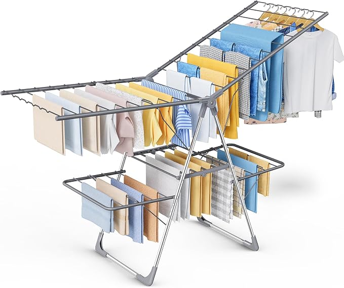 Sakugi Clothes Drying Rack, Foldable 2-Level with 70" Adjustable Wings | Laundry Room, Bedroom, Indoor & Outdoor Use, Height Adjustable, Clothing & Bedding, 70.0" L × 22.8" W, Gray