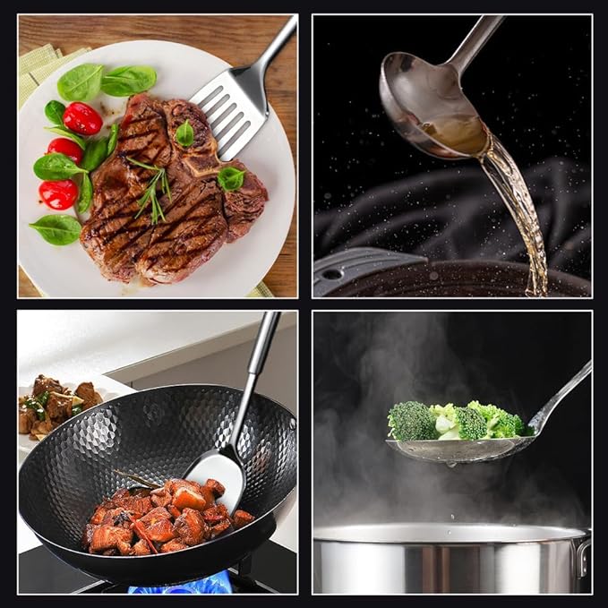 5 PCS Cooking Utensils Set Stainless Steel Kitchen Utensils Gadgets Resistant Cooking Tools Includes Slotted Spoon, Slotted Spatula, Large Spoon, Soup, Spatula(Sliver)