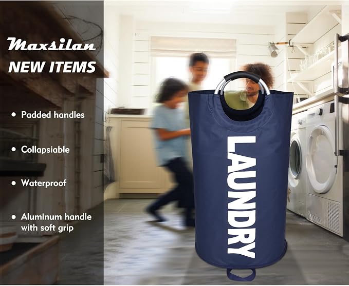 Maxsilan 90L Large Laundry Basket Bag, Collapsible Tall Hamper, Dark Blue | Freestanding tall laundry bag & foldable washing basket. Large capacity clothes storage bin with durable sturdy handles