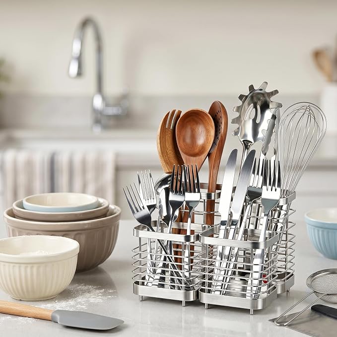 Utensil Holder, Stainless Steel Utensil Drying Rack for Kitchen Counter, Silverware Cutlery Flatware Holder Forks, Knives, Spoons, Chopsticks Organizer (2 Large + 2 Small)