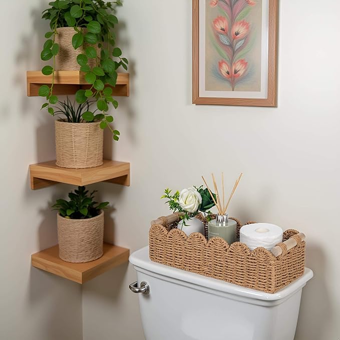 CubesLand Bathroom Basket Organizer, Toilet Tank Paper Storage Baskets 2PK | Scalloped Decorative Basket for Countertop w/Handle, Wicker Basket for Bathroom Decor, Home Decor, Living Room, Neutral