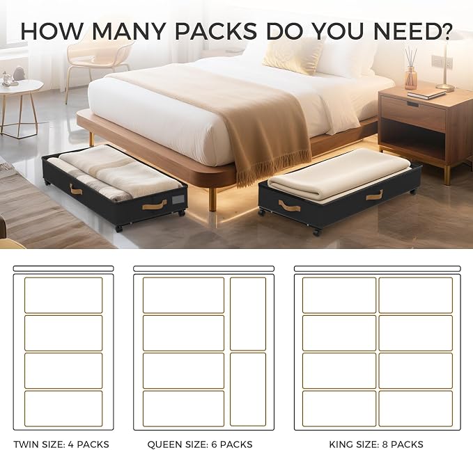 75L 4 Pack Adjustable Under Bed Storage with Wheels | Underbed containers with clear lids, rolling under bed shoe storage organizer for dorm home clothes, blankets, shoes, black