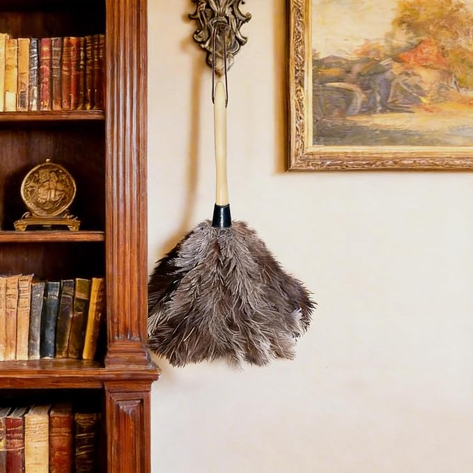 NCEDN Genuine Ostrich Feather Duster 15 inches – Soft Dense Real Feathers, Wooden Handle, Feather Duster for Cleaning Furniture, Blinds & Car Interior