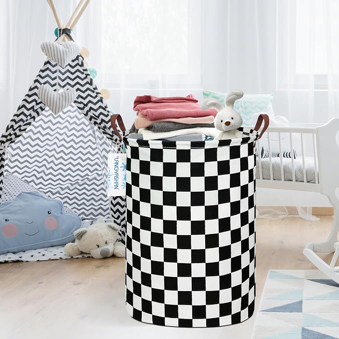 Round Laundry Basket Collapsible Boys Nursery Hamper Organizer Racing Flag | Waterproof Canvas Foldable Storage Bin Car Toy Bins Gift Baskets Bedroom Clothes for Home Play Bedroom Gift