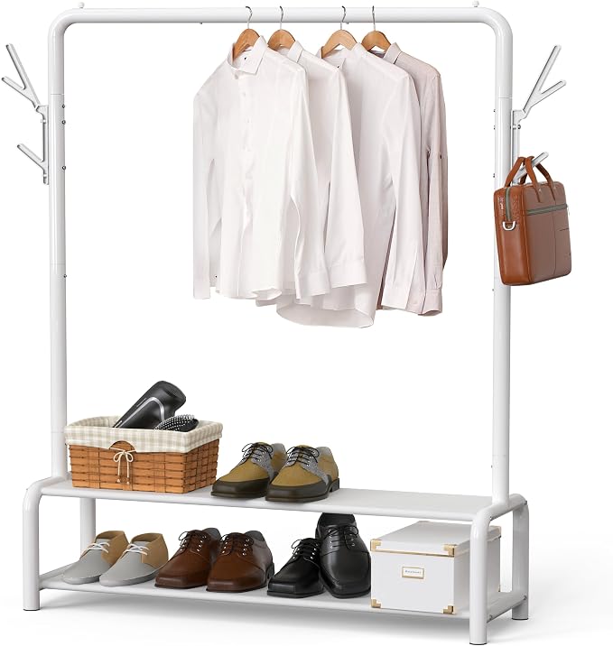 Simple Houseware 52-Inch Freestanding Closet Garment Rack with Storage Shelves and Coat/Hat Hooks, White