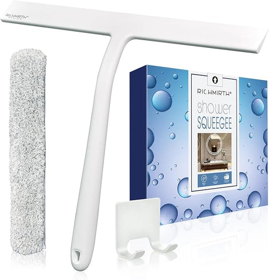 12 Inch Silicone Shower Squeegee for Glass Doors with Microfiber Cloth & Hook, Streak-Free Window Cleaner for Bathroom Mirror Tile Car, No-Scratch Squeegee with Rustproof Metal Core (White)