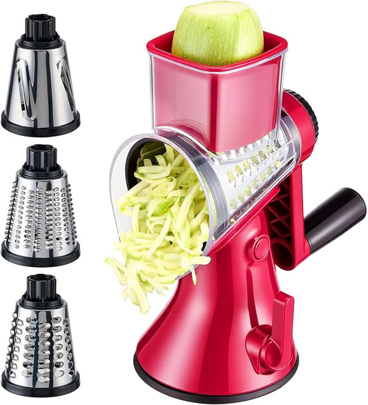 KYZ Rotary Cheese Grater - 12X Faster Hand Crank Vegetable Slicer with 3 Premium Stainless Steel Blades, Strong Suction Base, Dishwasher Safe Food Shredder for Cheese, Vegetables, Nuts, Chocolate