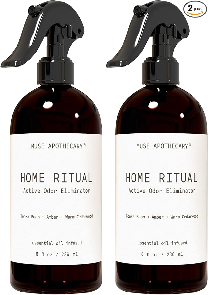 Muse Apothecary Home Ritual Active Odor Eliminator Spray - Furniture Deodorizer Spray & Bathroom Odor Eliminator for Home - Essential Oil Air Freshener - 8oz, Tonka Bean + Amber + Warm Cedarwood