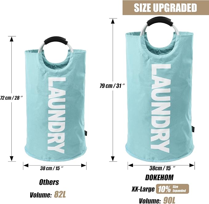 DOKEHOM 90L Large Laundry Basket Bag, Collapsible Tall Hamper, Light Blue | Freestanding tall washing bin & foldable laundry bag. High-capacity clothes storage basket with durable sturdy handles