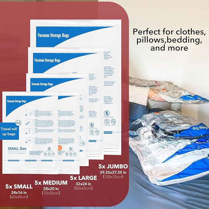 MEIQIHOME Vacuum Storage Bags, Space Saver Sealer Bags,Vacuum seal bags for clothing, Pillows, Comforters, Blankets, Bedding,Travel,32 COMBO