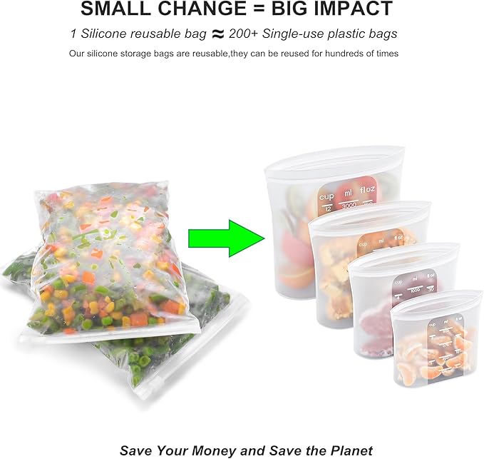 Bangp Premium Silicone Reusable Food Storage Bags,4 Pack | Stand-Up Bottom,Reclosable Freezer Bags for Soup,Sandwich,Salad Fruit,Snack,Leak-free,Food-safe Silicone,Oven,Dishwasher Safe