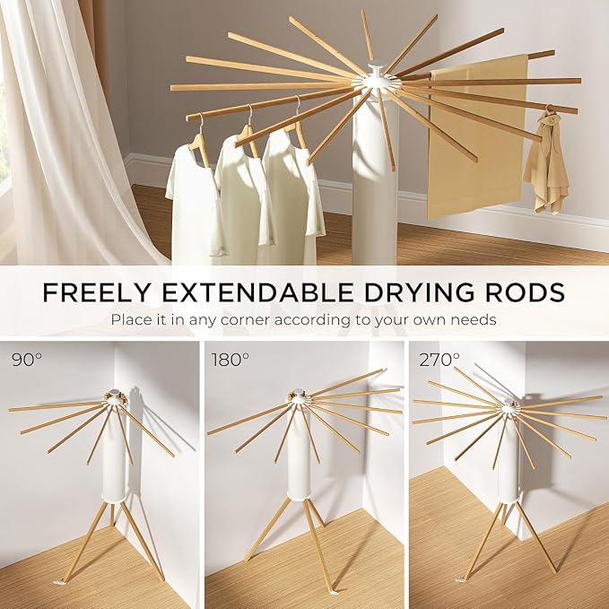Wooden Tripod Clothes Drying Rack, Foldable Portable Garment Stand, Space Saving Laundry Drying Stand for Clothes, Indoor Outdoor Balcony Bedroom Laundry Organizer