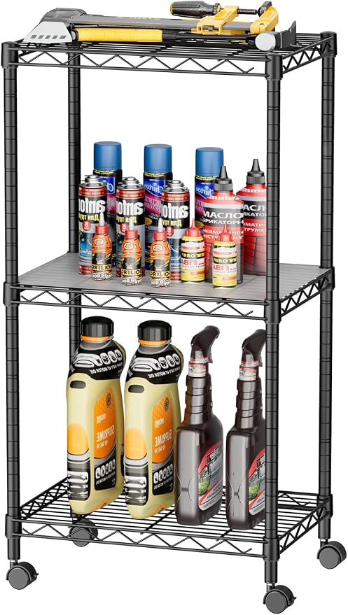 SINGAYE Small Wire 3 Adjustable Shelves Pantry Metal Shelf Floor Organizer | Armoire Adjustable Floor Kitchen Narrow Organizer Rack Shelving Short Square Stackable Standing Storage Tier Under Unit
