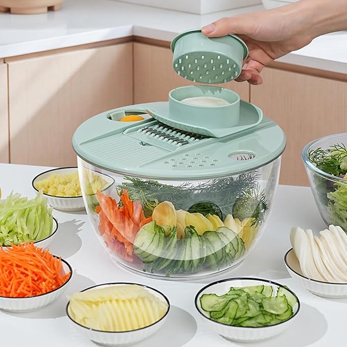 Salad Spinner 5.3 Qt Vegetables Fruits Washer Dryer with 5 Stainless Steel Blades for Chopping Slicing Shredding Pasta and Greens (Green)
