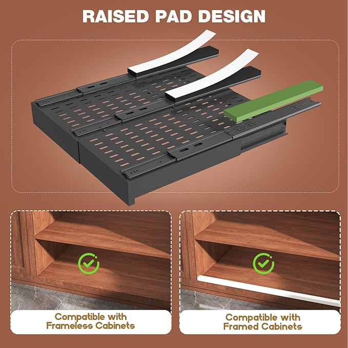 Seinloes 2 Pack Pull Out Cabinet Organizer Expandable Width(13"-21") and Depth(17"-24"),Slide Out Drawers with Raising Pad for Framed Cabinets,No Drill Roll Out Shelves for Kitchen,Bathroom,Black