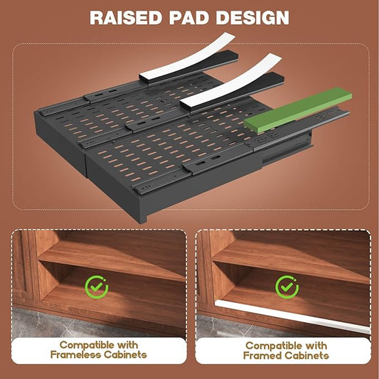 Seinloes 4 Pack Pull Out Cabinet Organizer Expandable Width(13"-21") and Depth(17"-24"),Slide Out Drawers With Raising Pad for Framed Cabinets,No Drill Roll Out Shelves for kitchen,Bathroom,Black