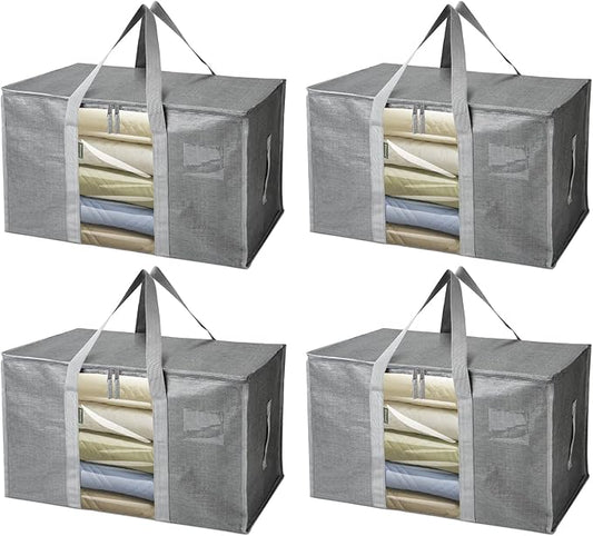 BALEINE 4-Pack Oversized Moving Bags with Reinforced Handles, Heavy-Duty Storage Tote Moving Supplies for Packaging, Camping (Gray w/Window, 4-Pack)