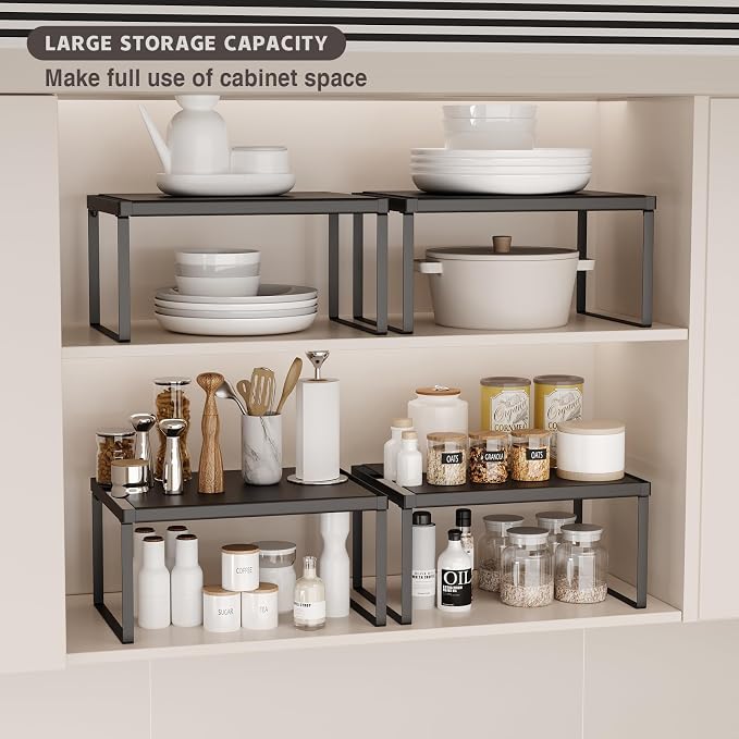 Kitchen Counter Oganizer Stackable Cabinet Organizer Shelf Riser, Spice Rack for Countertop, Pantry Organizers and Storage, Heavy Duty Kitchen Counter Shelves for Seasonings,Bowls (3 Pack, Black)