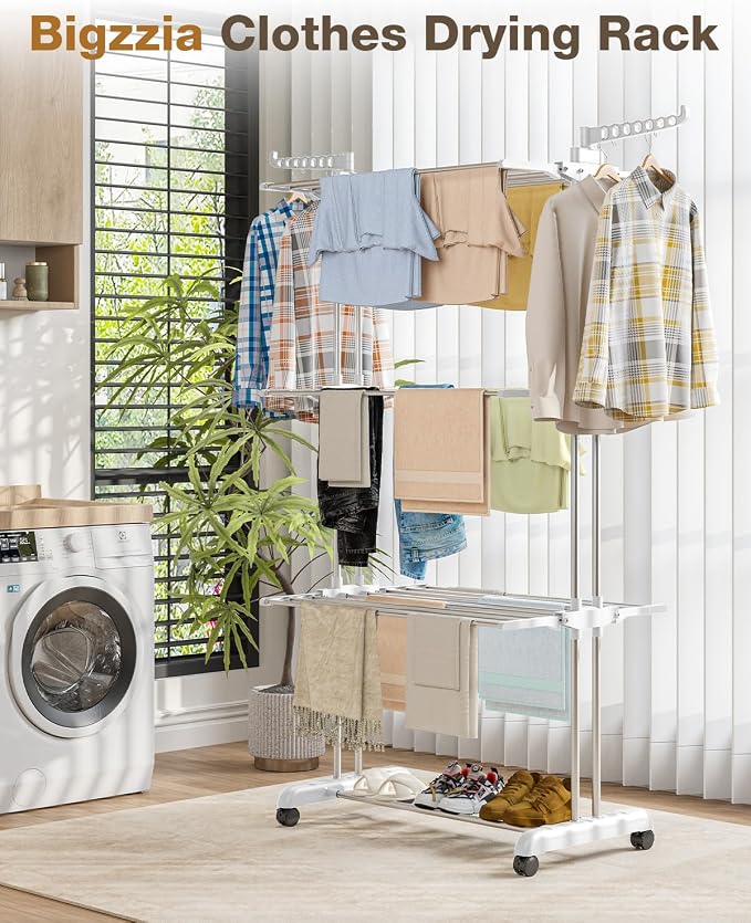 Bigzzia Clothes Drying Rack Folding with Wheels Drying Rack Clothing Clothes Horses Rack Stainless Steel Laundry Drying Rack with Two Side Wings 4 Tier Grey White
