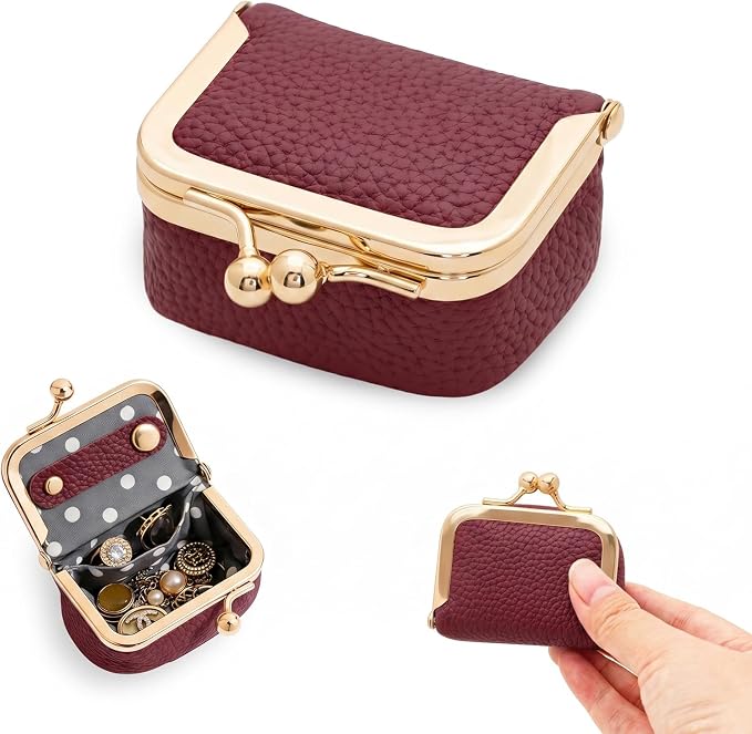 Genuine Leather Mini Jewelry Box Portable Vintage-Inspired Leather Small Coin Purse Jewelry Organizer Case Mini Travel Ring Box with Kiss Lock for Women Earring Ring Necklace