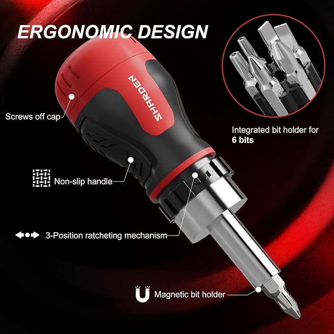 8 in 1 Stubby Ratcheting Screwdriver Multi Short Screw Driver Set | 6 CRV Bits Phillips, Slotted, Torx, Portable All-in-One Repair Tool Kit for Home DIY Tables, Doors, Chairs, Portable Tools