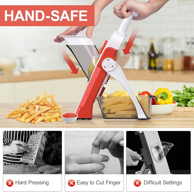 5 in 1 Adjustable Safe Mandoline Slicer for Kitchen with Paring Knife | Safe Mandoline Slicer for Kitchen, Easy to Clean/Storage, Potato Slicing, Strips, Shredding, Dicing, Chop, Cleaning brush