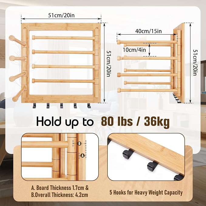 Sintuff Wall Mount Drying Rack for Laundry, 20 Inch Bamboo Collapsible Foldable Clothes Dryer Racks with 8 Arms & 5 Hooks, Space-Saving Laundry Hanger Dryer Rack, 80 lb Capacity