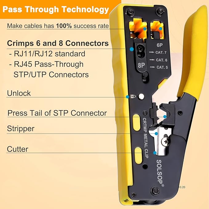 Solsop Pass Through RJ45 Crimp Tool Kit All-in-One Ethernet Crimper | Cat7 Cat6 Cat5 Crimping Tool with Network Cable Tester, 50-Pack Cat6 RJ45 Pass Through Connector, 50-Pack Connector Boots
