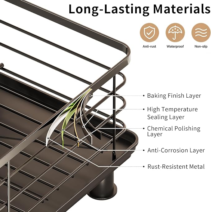 PureBox Dish Drying Rack with 2 Utensil Holders, Rustproof Metal Kitchen Counter Organizer with Cup Holder & Drain Board, Large Capacity Dish Rack for Sink, Black